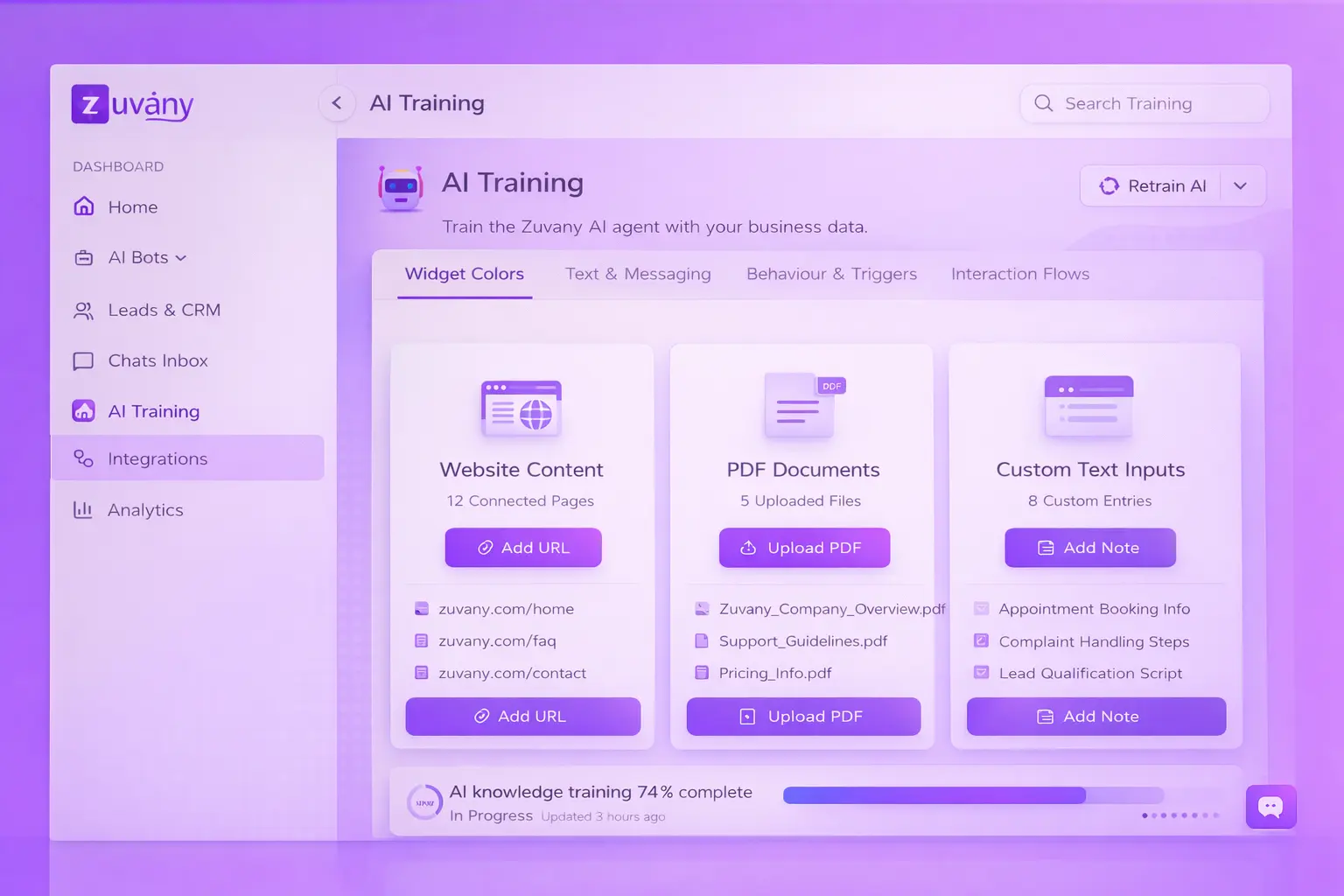 Train Your AI Agent With Website, PDF & Text | Zuvany Interface Preview