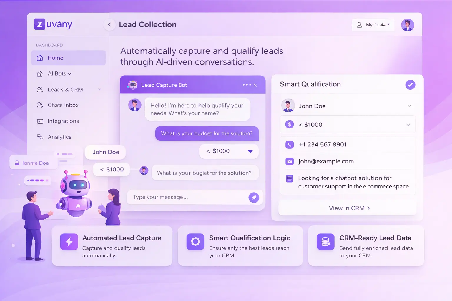 AI Lead Collection & Qualification for Website Chats | Zuvany Interface Preview