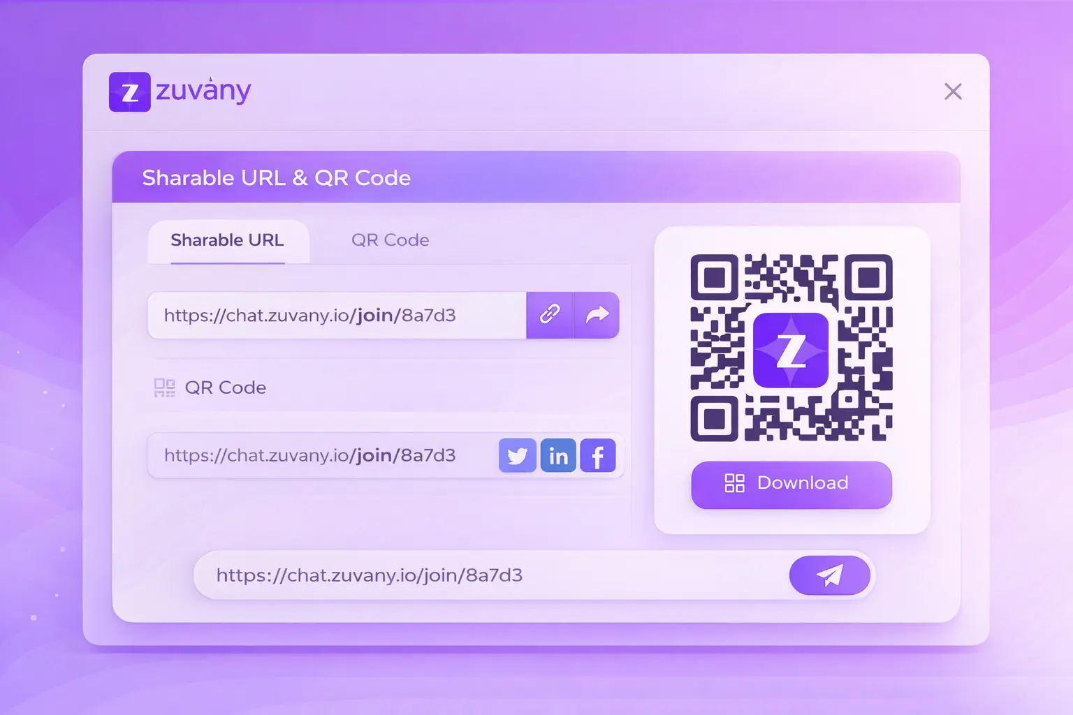 Sharable Chatbot URL & QR Code for Instant Conversations | Zuvany Interface Preview